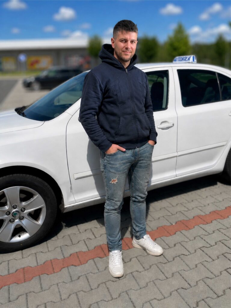 učitel autoškoly u auta